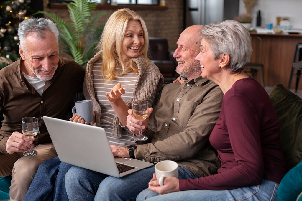 Group of older people sharing a computer. Social Connections for People Over Age 60