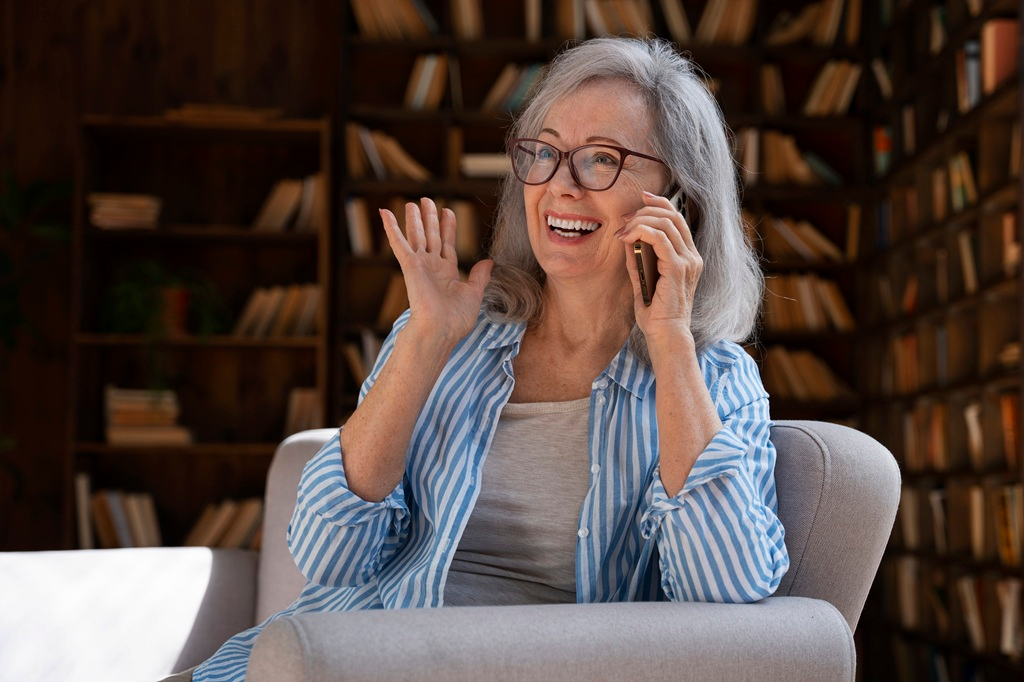 Happy older woman talking on the phone. Aging With Grace